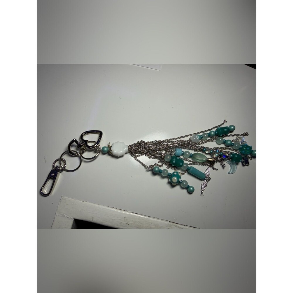 Turquoise Beaded Tassel Keychain/Bag Accessory/Clutch Holder w Silver Hardware